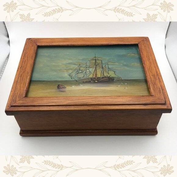 Vintage Wooden Jewelry Box – Ship Scene - Picture 2 of 5